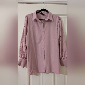 Elegant Pink Button-Down Shirt with Eyelet Sleeves
